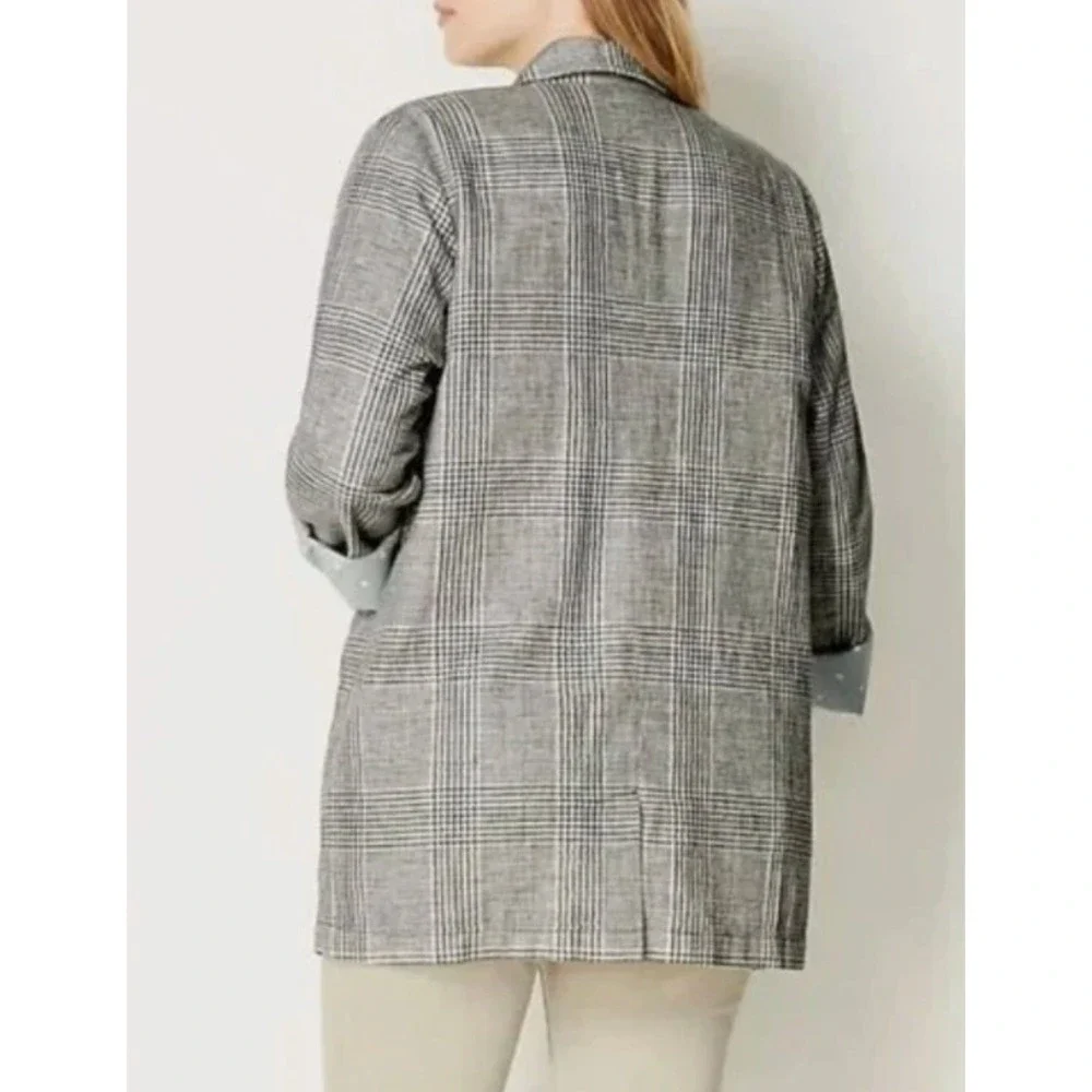J‎ Jill Love Linen Blazer Plaid Longline Womens Lrg Boyfriend Fit Blue Academia